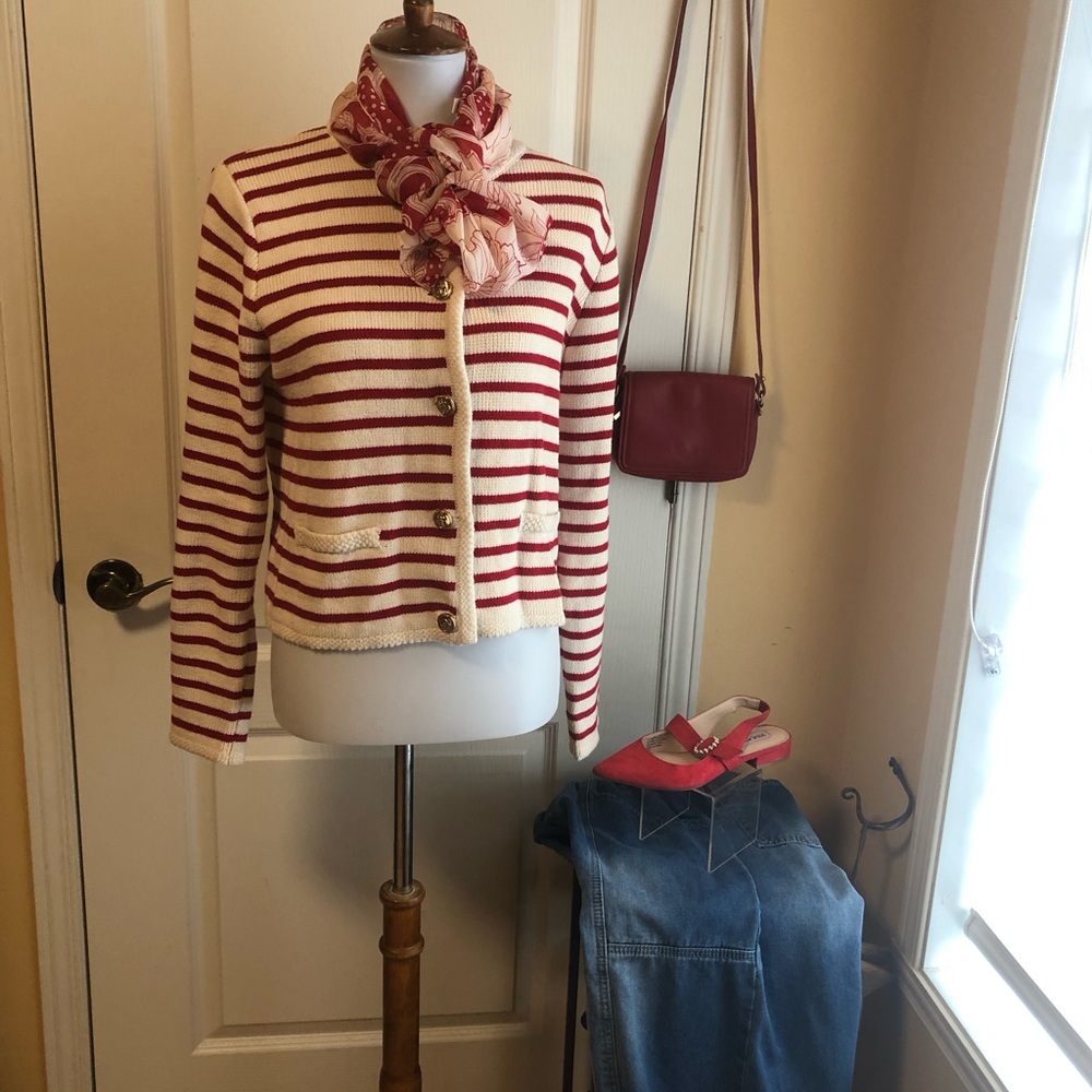 Mango Cream/ Red Striped Button Cardigan